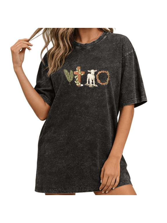 Women Easter Lamb Cross Graphic Tees Cotton Crew Neck Printed T-Shirt fun Tops Washed T-Shirt Black S-2XL Plus Size