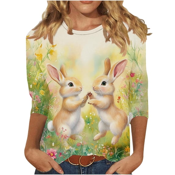 Women Easter Outfit Cute Bunny Egg Printed Tees Casual 3/4 Sleeve Blouses Round Neck Cotton Tops Summer Loose Comfy Shirts