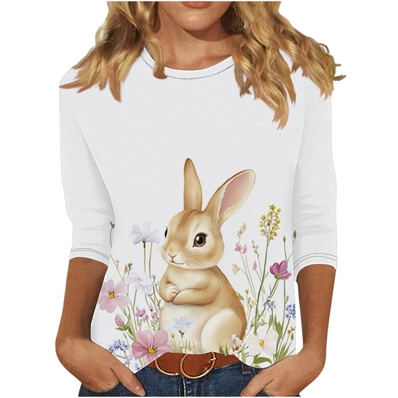 Women Easter Outfit Cute Bunny Egg Printed Tees Casual 3/4 Sleeve Blouses Round Neck Cotton Tops Summer Loose Comfy Shirts