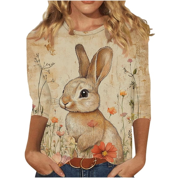 Women Easter Outfit Cute Bunny Egg Printed Tees Casual 3/4 Sleeve Blouses Round Neck Cotton Tops Summer Loose Comfy Shirts