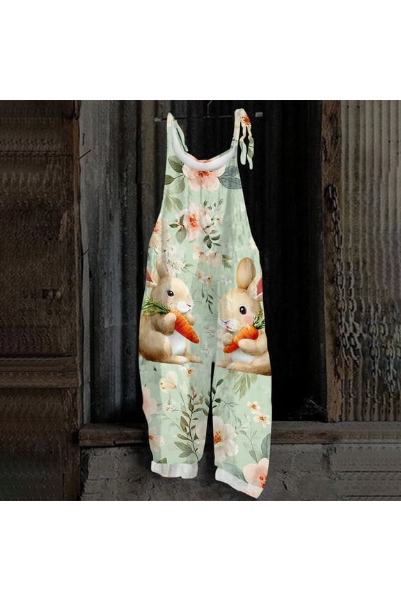 Women Easter Overalls Loose Fit Cute Bunny Pattern Baggy Wide Leg Jumpsuits Jumpers Trendy Easter Vacation Outfits with Adjustable Straps