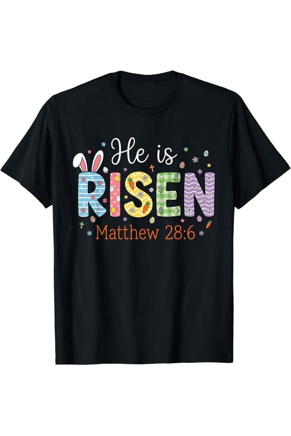 Women Easter He is Risen Jesus Religious Christian Women Kid T-Shirt- 2026 Easter Soft Casual Cotton Short Sleeve T-Shirt Easter Bunny & Eggs Lightweight Graphic Holiday Tee