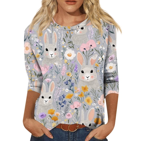 Women Easter shirt Bunny Eggs Printed 3/4 Length Sleeve Tee Crewneck Loose Fit Cute Shirts Soft Trendy Tunic Tops, #01 Beige, XL