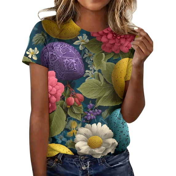 Women Easter&nbsp;shirt Funny Bunny Print Short Sleeve Crewneck Tunic Tops Floral Cute T-Shirts Trendy Dressy T Shirt, #01 Multicolor, M