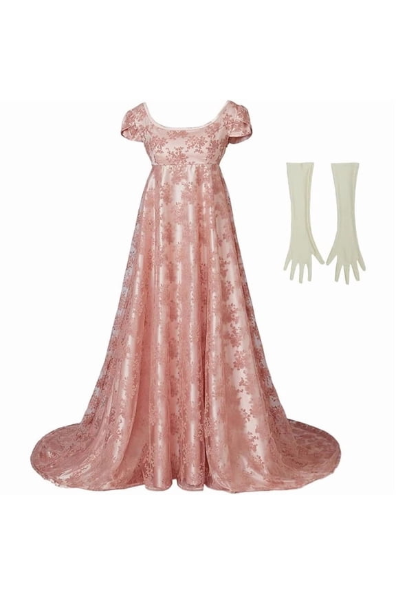 Women Edwina Inspired Pink Regency Dress High Waist Lace Tea Length Vintage Gown