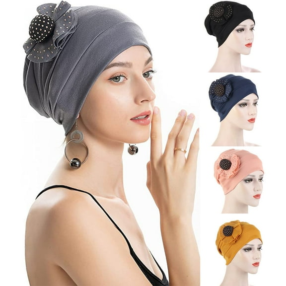 Women Elastic Big Flower Turban Chemo Beanie Hair Loss Chemo Cap Hat
