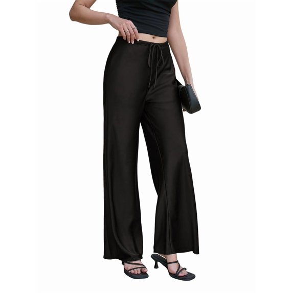 Women Elastic Drawstring High Waist Glossy Satin Wide Leg Full Length Trousers Casual Flowy Pants Black XS