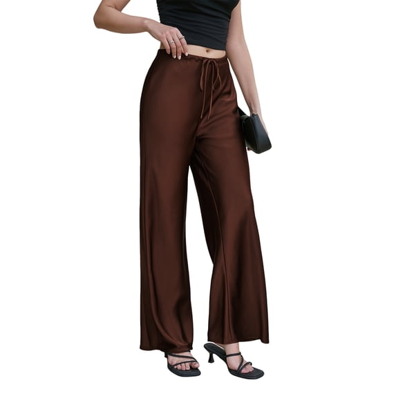 Women Elastic Drawstring High Waist Glossy Satin Wide Leg Full Length Trousers Casual Flowy Pants Chocolate Color XS