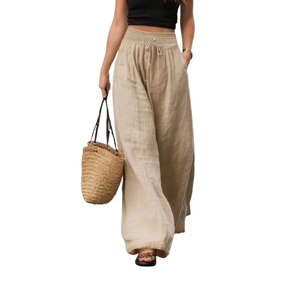 Women Elastic Drawstring High Waist Solid Textured Loose Full Wide Leg Pants Flowy with Pockets Khaki L