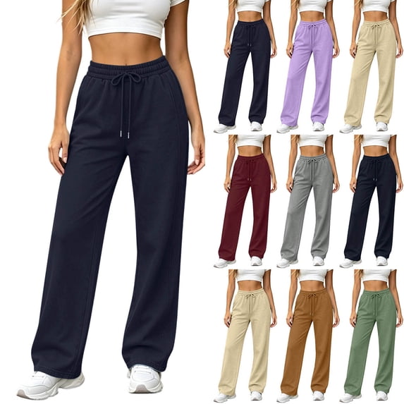 Women Elastic Drawstring Waist Wide Leg Sweatpants Solid Color Loose Casual Long Trousers with Side Pockets Fall Streetwear Lounge Pants