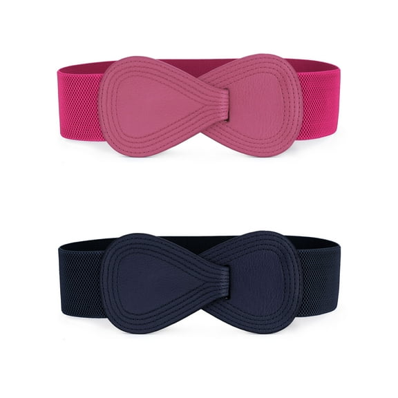 INSPIRE CHIC 2Pcs Women Elastic Dress Belts Interlock Buckle Strethy Waist Belt for Dress 100cm/39.4" Navy Blue & Rose Red