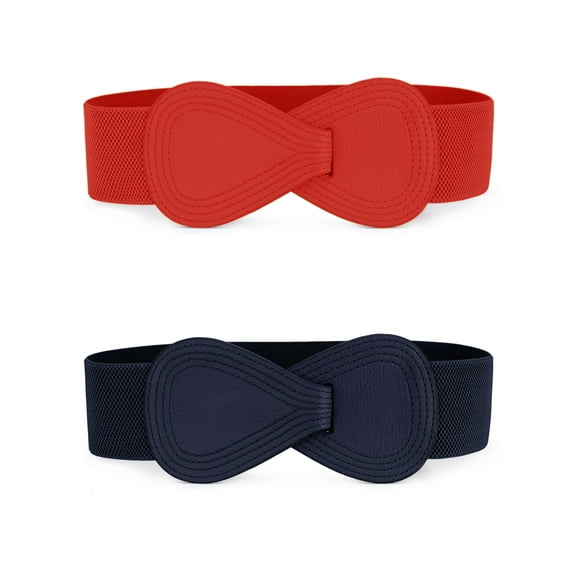 INSPIRE CHIC 2Pcs Women Elastic Dress Belts Interlock Buckle Strethy Waist Belt for Dress 68.6cm/27" Navy Blue & Red