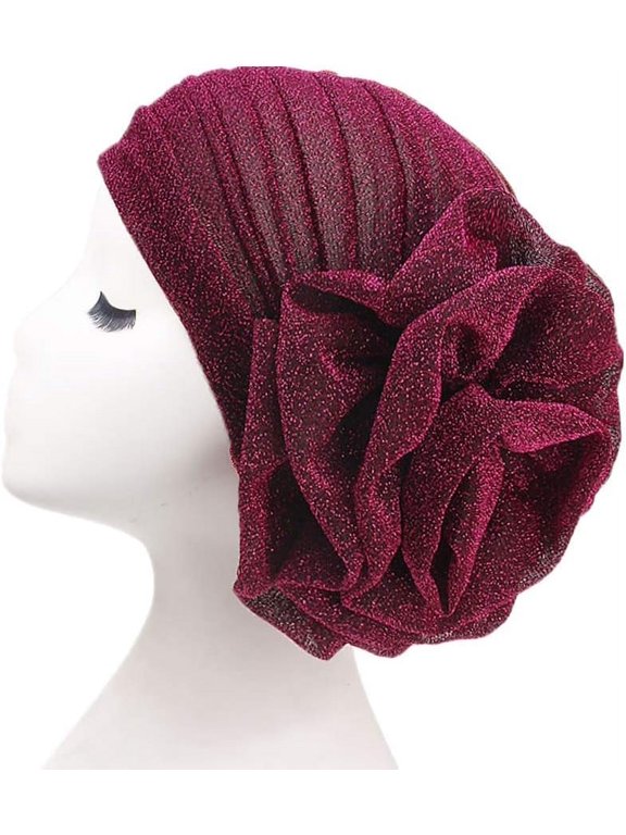 Women Elastic Glitter Big Flower Turban Chemo Beanie Hair Loss Chemo Cap Hat