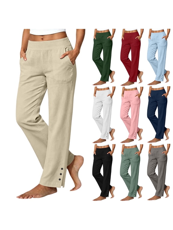 Women Elastic High Waist Cotton Linen Blend Straight Leg Pants Side Pockets Button Split Hem Loose Fit Solid Color Casual Long Trousers Gray S