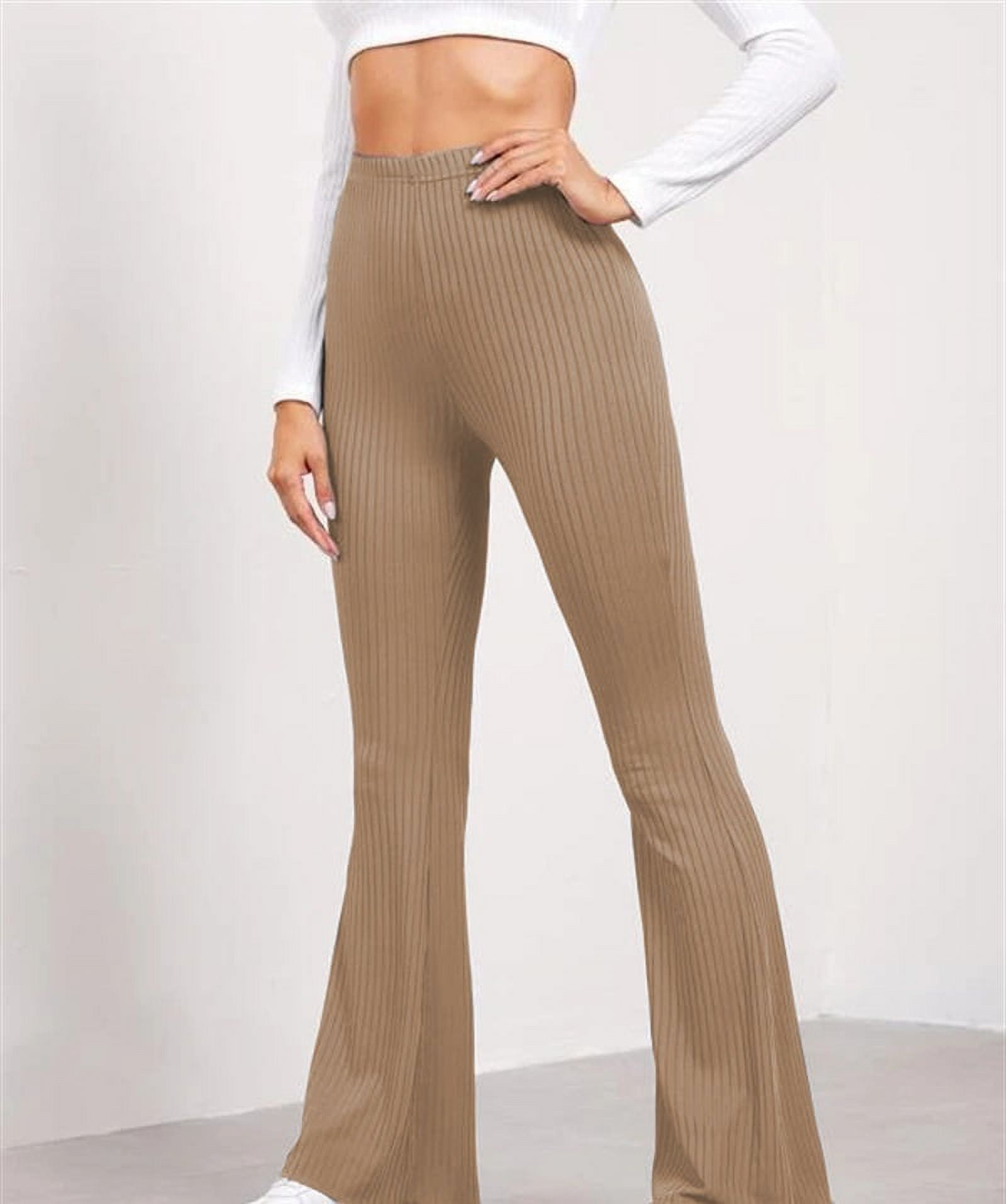 High-Waist Elastic Waistband Control Tummy Lady Trousers Women Solid Color  Sports Flared Lady Slim Stretchy