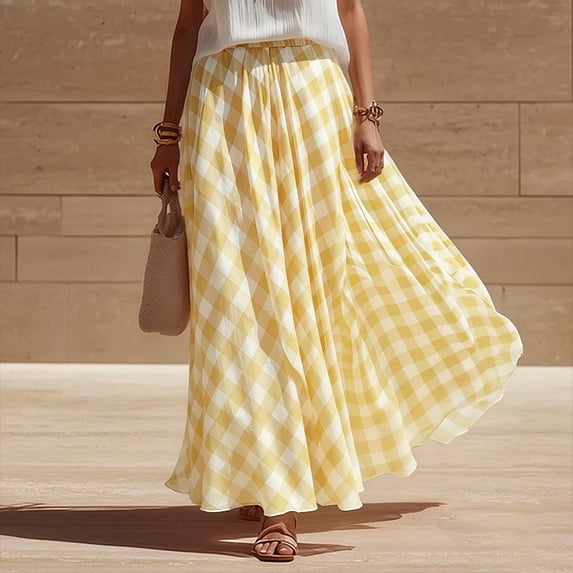 Women Elastic High Waist Gingham Plaid A Line Maxi Skirt, Flowy Chiffon Flared Long Skirt for Summer Beach Vacation Boho Casual Wear L