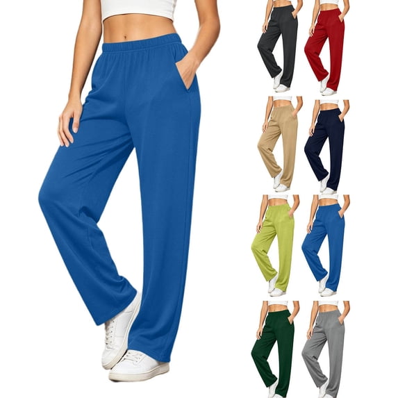 Women Elastic High Waist Straight Leg Sweatpants Soft Loose Casual Long Trousers with Side Pockets Solid Color Fall Lounge Walking Pants