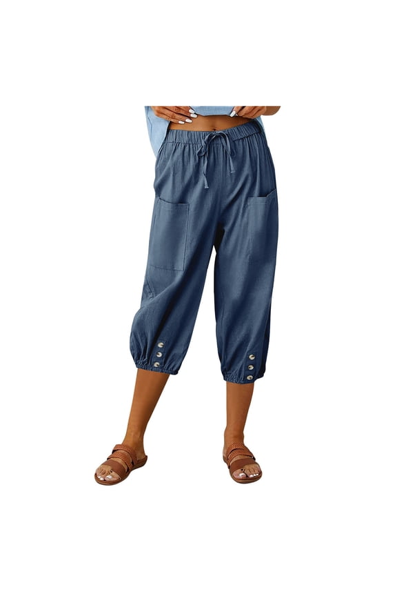 Women Elastic High Waisted Loose Tapered Harem Pants with Pockets - Cotton Casual Cropped Trousers - All Season - S-XXXL Sizes