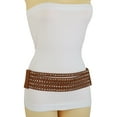 thumbnail image 1 of Women Elastic Strap Brown Faux Leather Belt Silver Studs Spikes S M, 1 of 8