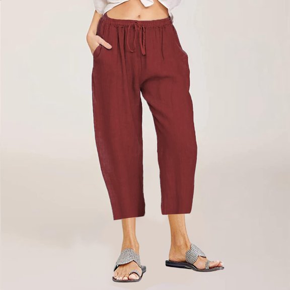 Women Elastic Waist Capris Soft Linen Blend Drawstring Tie Wide Leg Cropped Pants Loose Lightweight Loungewear
