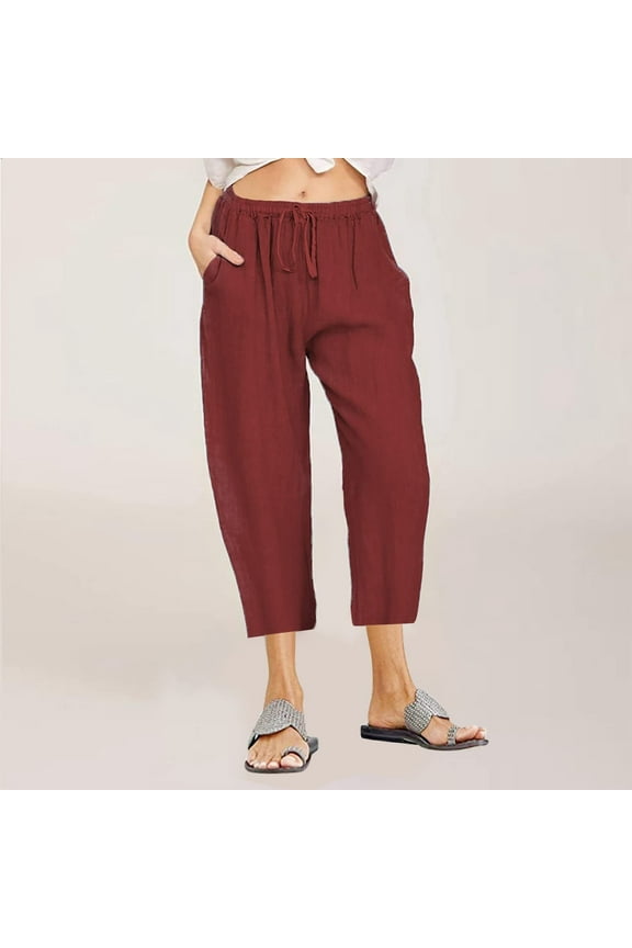 Women Elastic Waist Capris Soft Linen Blend Drawstring Tie Wide Leg Cropped Pants Loose Lightweight Loungewear