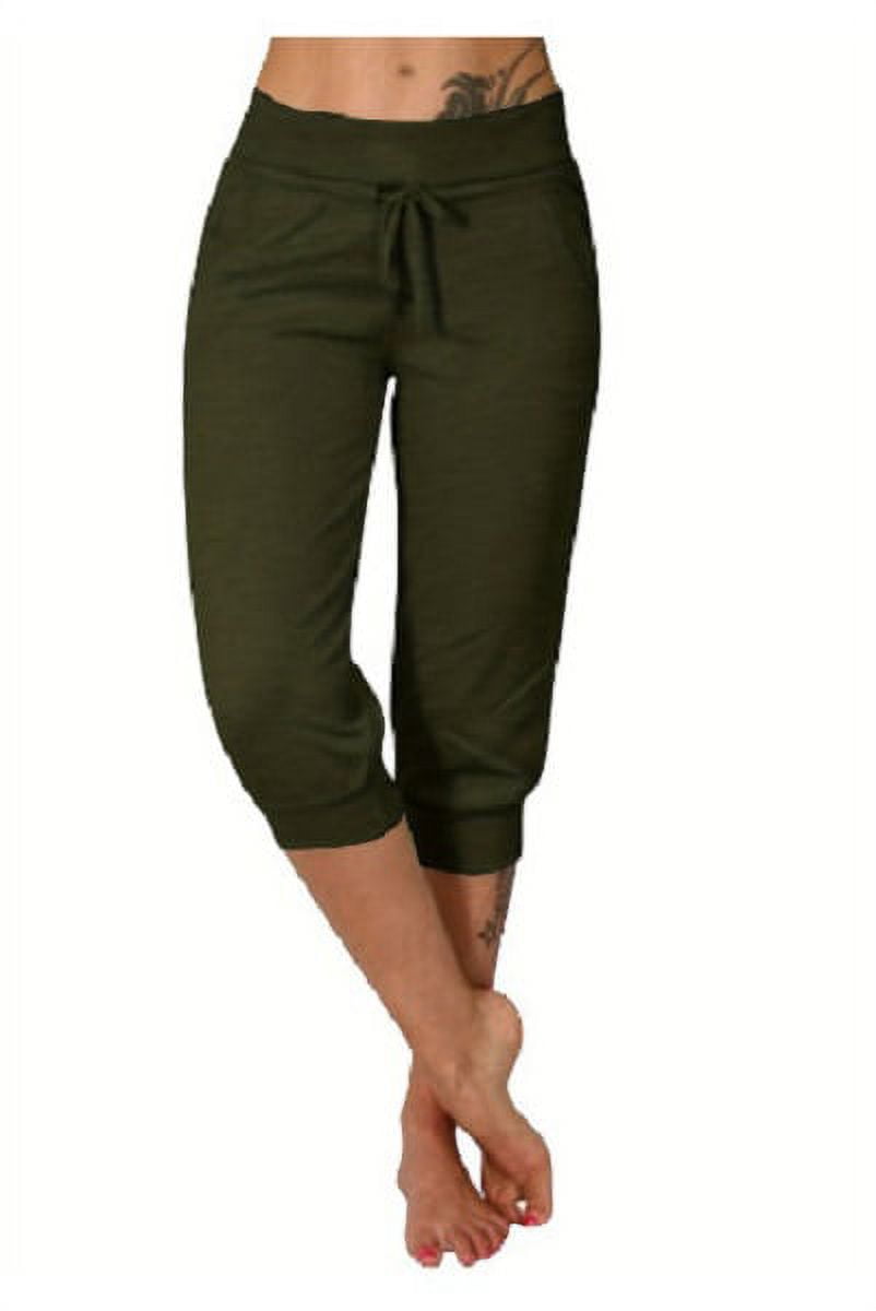 Women Elastic Waist Casual Pants KneeLength Capris Loose Drawstring Joggers Lounge Cropped
