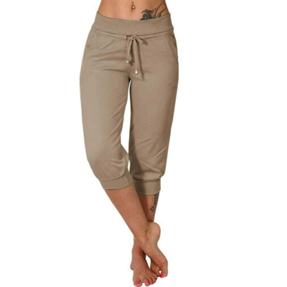 Women Elastic Waist Casual Pants Knee-Length Capris Loose Drawstring Joggers