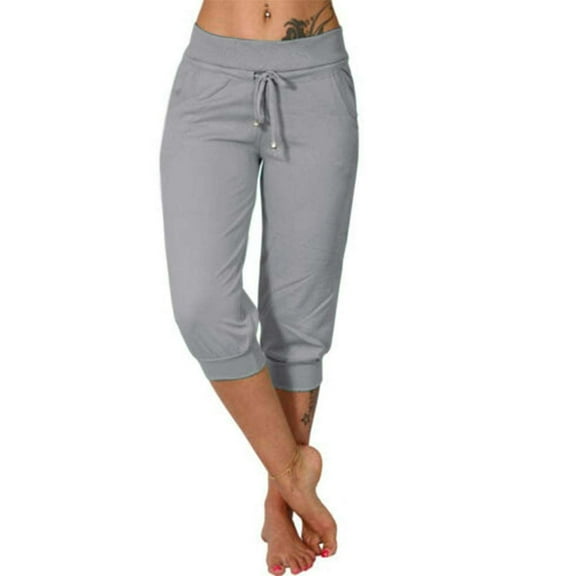 Women Elastic Waist Casual Pants Knee-Length Capris Loose Drawstring Joggers