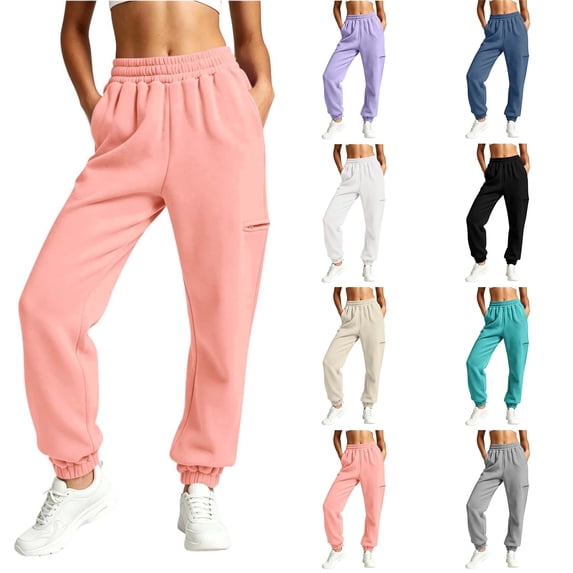 Women Elastic Waist Jogger Pants Zaewscy Fashion Women Casual High Waist Loose Pocket Straight Solid Long Pants Pink S