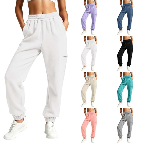 Women Elastic Waist Jogger Pants Zaewscy Fashion Women Casual High Waist Loose Pocket Straight Solid Long Pants White S