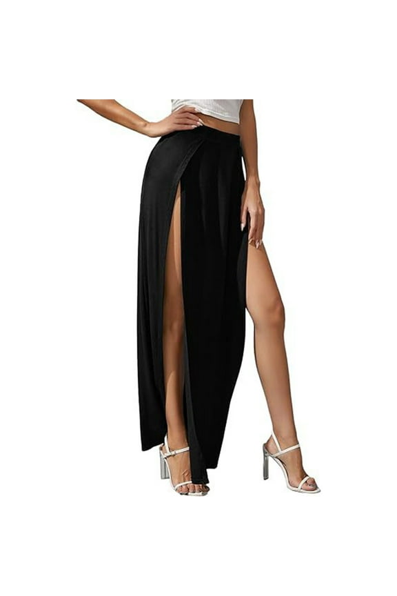 Women Elastic Waist Maxi Skirt Polyester Flowy Long Split Wrap Casual Skirt