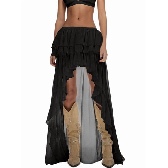 Women Elastic Waist Multi-Layer Ruffle Irregular High Slit Maxi Skirt Black XS