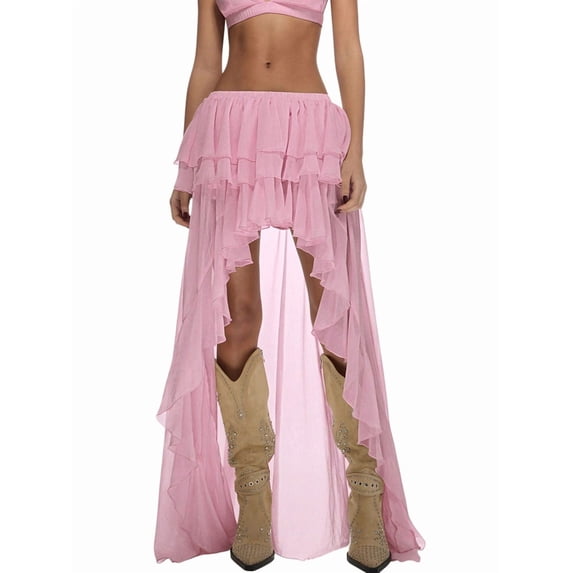 Women Elastic Waist Multi-Layer Ruffle Irregular High Slit Maxi Skirt Pink S