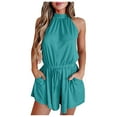 thumbnail image 1 of Women Elastic Waist Romper Casual Halter Neck Hollow Back Short Jumpsuit with Pocket Ruched Front Tie Summer Outfits, Light Blue, XXL, 1 of 6