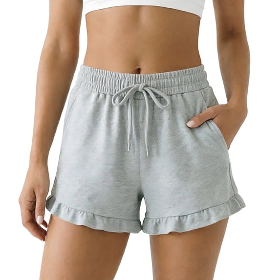 Women Elastic Waist Shorts Drawstring Casual Shorts Ruffle Hem Summer Short Pants with Pockets Solid Comfy Loose Loungewear Shorts for Womens