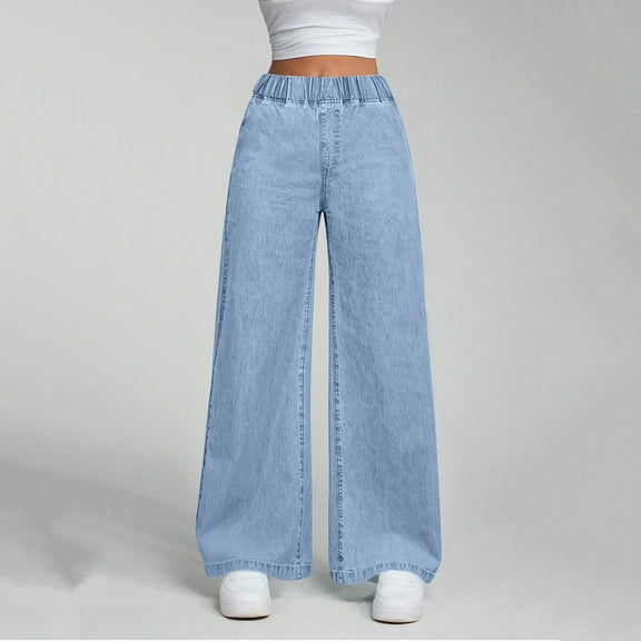 Women Elastic Waist Wide Leg Jeans Loose Fit Baggy Denim Pants
