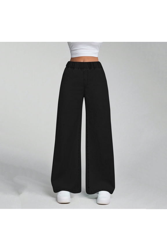 Women Elastic Waist Wide Leg Jeans Loose Fit Baggy Denim Pants