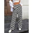 thumbnail image 1 of Women Elastic Waist Wide Leg Pants, Checkerboard Print Loose Trousers with Pockets for Fall Daily Casual Wear, 1 of 6