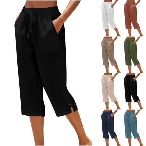 Women Elastic Waist with Buttons Relaxed Straight Leg Cropped Pants Stretchy Breathable