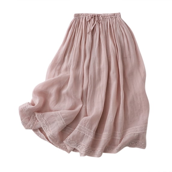 Women Elastic Waisted Double Layer Skirt Cotton Linen Daily Party Wear