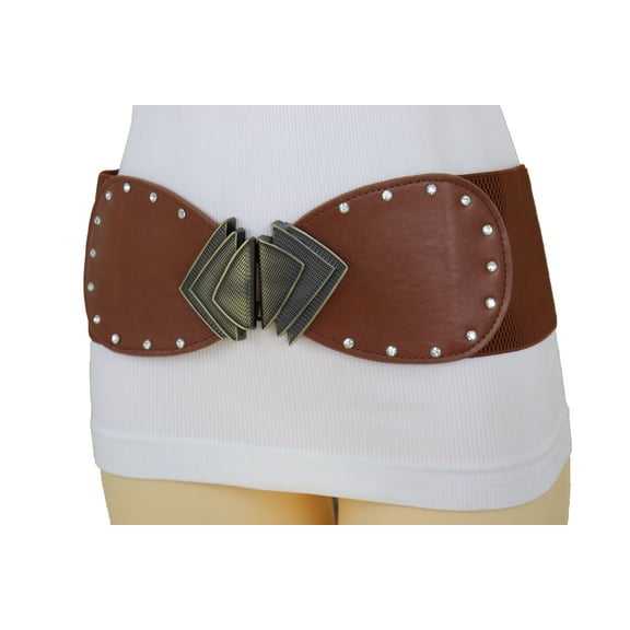 Women Elastic Wide Brown Faux Leather Corset Belt Fan Buckle S M