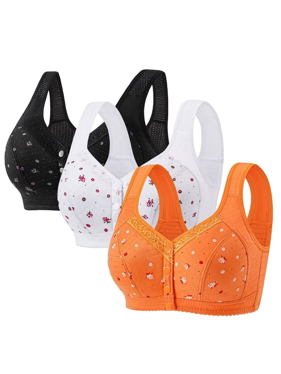 Women Elderly Front Snap Bralette 3 Pack, Floral Wireless Full‑Coverage Bra, Skin‑Friendly Cotton Intimates for Everyday Sleep Wear C 38