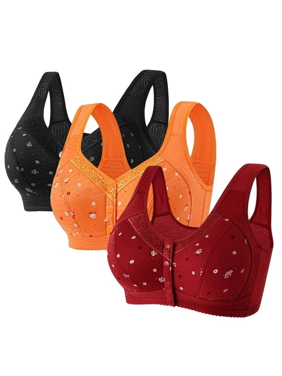 Women Elderly Front Snap Bralette 3 Pack, Floral Wireless Full‑Coverage Bra, Skin‑Friendly Cotton Intimates for Everyday Sleep Wear G 38
