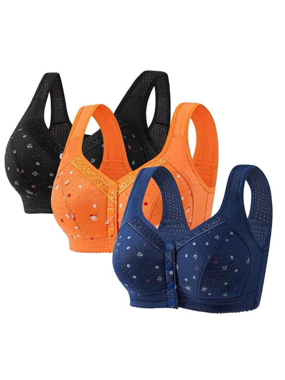 Women Elderly Front Snap Bralette 3 Pack, Floral Wireless Full‑Coverage Bra, Skin‑Friendly Cotton Intimates for Everyday Sleep Wear I 38