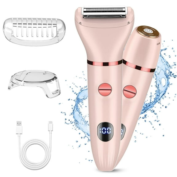 TiokMc 2-in-1 Bikini Trimmer for Women, Electric Razor Kit Cordless Waterproof Body Hair Trimmer for Face, Arms, Legs, Bikini, Underarm, Pink