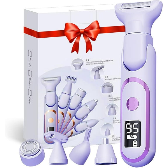 Women Electric Razor,5 in 1 Electric Razor with Detachable Head, Rechargeable Electric Shaver LED Display,Waterproof Wet Dry Use Bikini Trimmer Removal Device for Body,Bikini Line,Legs,Private Area