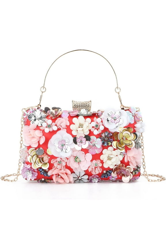 Women Elegance Floral Evening Clutch Purse Bags Flowers Beads Wedding Tote Bags Bride Shoulder Handbags