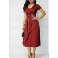 thumbnail image 1 of Women Elegant Asymmetric High Waist Solid Casual Short Sleeve V-Neck Dress, 1 of 2