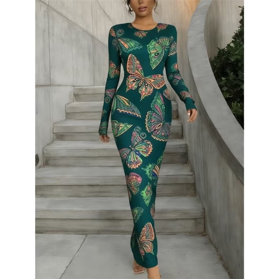 Women Elegant Bodycon Maxi Dress Long Sleeve Printed Crew Neck Dress For Party Dating Daily Wear