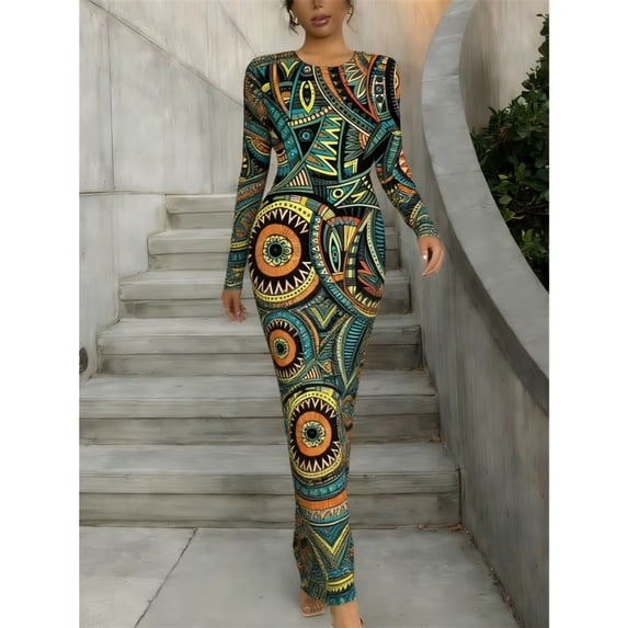 Women Elegant Bodycon Maxi Dress Long Sleeve Printed Crew Neck Dress For Party Dating Daily Wear